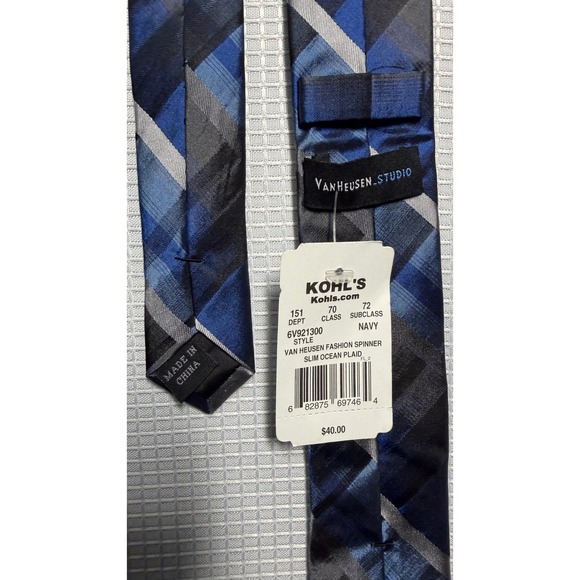 Van Heusen Other - Van Heusen Slim Tie Navy Blue Plaid Mens Necktie